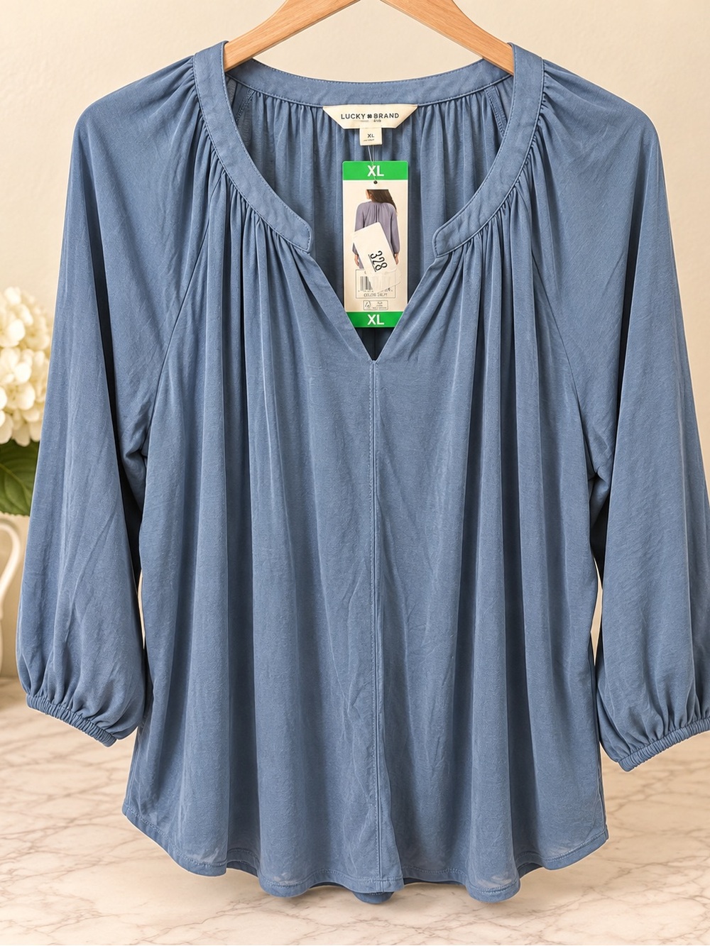 Lucky Brand Delft Blue Split Neck Blouse XL NWT